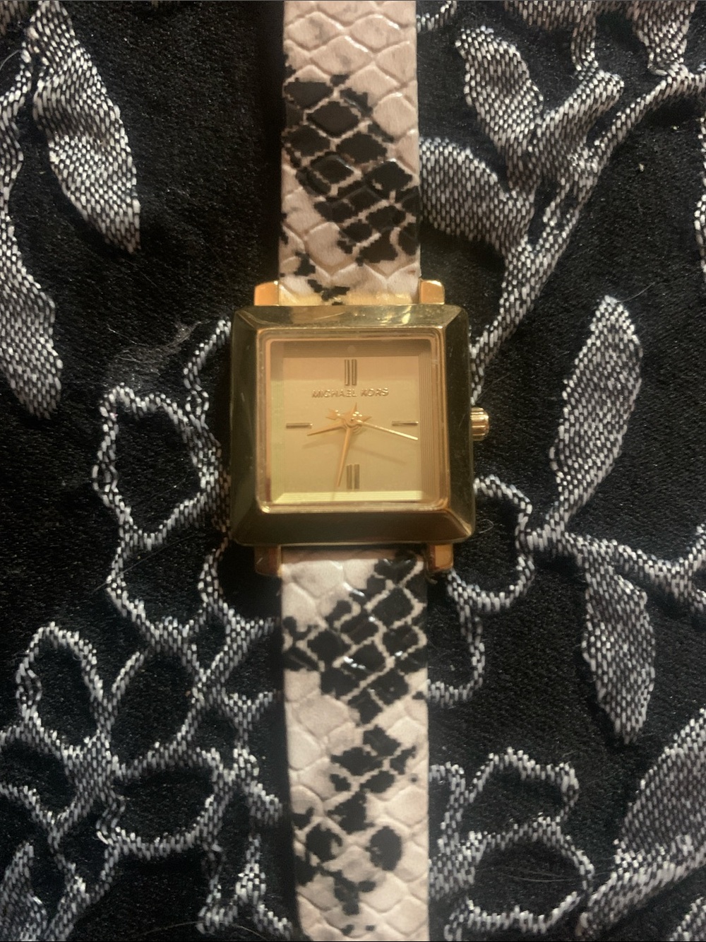Michael Kors Gold Square Dial Watch with Black and White Snakeskin Strap